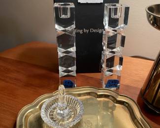Waterford ring holder, Shannon crystal candlestick pair, Brass Trinket Tray