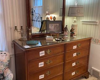 Kindel Dresser, Toleware Lamps, Pewabic Floral Trivet, Candle Holder, Wooden Hand Mirrors, Tabletop Easel, Framed Prints