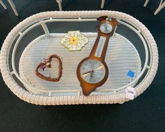 Wicker and Glass Coffee Table, Heart Shaped Woven Basket