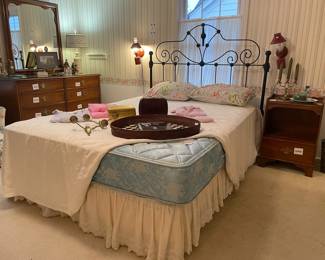 Queen Size Mattress, Queen Sized Bedframe, MacKenzie-Childs Party Tray, Brass Candle Holders
