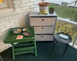Green Gardening Table, Vintage Wrought Iron Small Chair