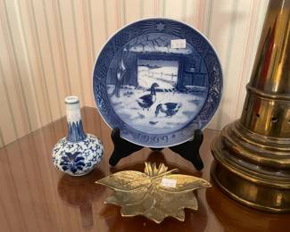 Leaf Ashtray, Royal Copenhagen Plates, Brass Lamps