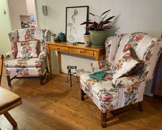 Plants in Planters, Vintage Butterfly Upholstered Accent Chairs, Hall/Sofa Table