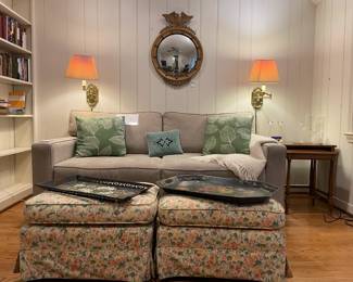 Vintage Eagle Convex Mirror, Mid-Century Modern Nesting Tables, Textured Gray Sofa, Vintage Needlepoint Velour Pillows