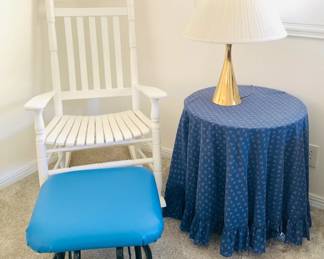 White Rocking Chair / Blue Footstool / Round Side Table