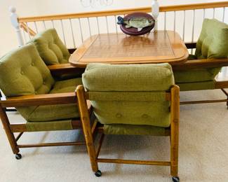 Vintage Table w/4 Green Upholstered Chairs