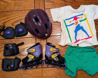 American Girl Roller Blade set, tee shirt, shorts, helmet, inline skates, knee pads & elbow pads