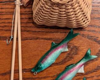 American Girl fishing set, pole, trout and basket