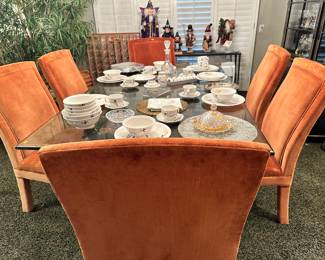 Beautiful dining table and orange velvet chairs