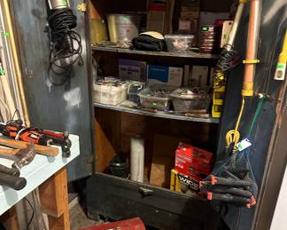 Wooden Storage Cabinet; Shop Lights; Wagner Wide Shot Sprayer; Clamps; Creeper Seat; Kmart Creeper; Craftsman 7-1/4 Circular Saw; Nuts/ Bolts/ Screws/ Nails
