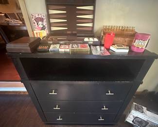 Black Dresser; Bunco; Dominoes in Case; Backgammon Game; Playing Cards; Farkle; Texas Holdem Hand Held Game; Yahtzee Hand Held Game; 9in Table Fan