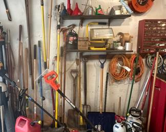 Rakes; Shovels; Hoes; Gum Ball Picker Upper; Snow Shovels; Extension Cords; Pitch Fork; Funnels; Shop Light; Black & Decker Edger; Sprayers