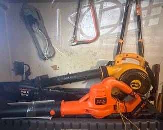 Remington Pole Saw; Poulan Pro Gas Blower; Black and Decker Electric Cordless Blower; Sprinkler; Hand Saw; Long Handled Clippers