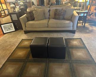 Beige Couch; End Tables; Ottomans; Area Rug
