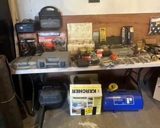 Tools; Craftsman 16" Chain Saw; Karcher Electric Pressure Washer; Campbell Hausfeld 7 Gallon Air Tank; ; Die Hard Battery Charger; Black & Decker 12 amp Circular Saw; Craftsman 1-1/2 HP Router; B&D Circular Saw 7-1/4; Craftsman Battery Chargers; Soldering Guns; B&D Jigsaw; Drill Bits; B&D Mouse Sander; Staples; Stud Finder; B&D Cordless Screwdrivers; Dremel; Hex Key Set