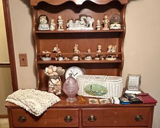 Dresser with Hutch; Baskets; Crochet Table Cover; Ed Hardy Wallet; Wallets; Shells; Dreamsicle Figurines; Enesco Memories of Yesterday Figurines