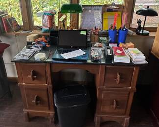 Wooden 4 Drawer Desk; Office Supplies; Desk Lamps; Electric Pencil Sharpener; Gateway Laptop