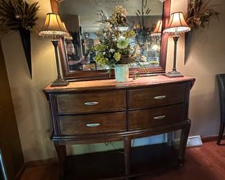 Buffet with Mirror; Matching Lamps; Floral Arrangement