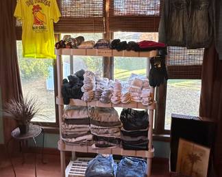 Big Pecker's Bar and Grill T-Shirt; Levis Denim Jacket; Men's Shorts (Size small & medium); Mens Socks; Mens Hats and Gloves