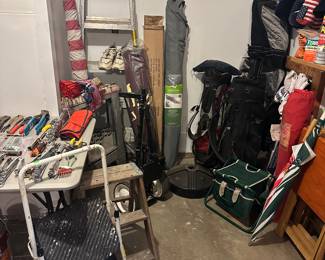 Step Ladders; Flags; Patio Umbrella; (New) Yuengling Lager Beer Market Patio Umbrella; Umbrella Base; Golf Bags; Travel Golf Bag; Golf Bag Cart; Golf Practice Mat; Golf Towels; Golf Shoes 9-1/2; Saw Horses; Bagged Chairs; TV Trays