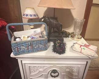 White Nightstand; Sewing Basket; Table/Desk Lamps; Hankies