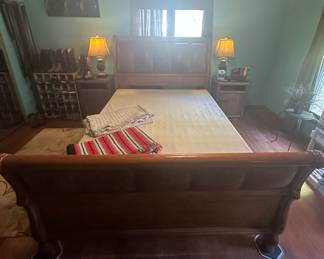 Queen Size Sleigh Bed with Box Springs; Shoe Rack; Mens Shoes and Boots (size 9-1/2); Mens Belts; Locking Nightstands; Matching Table Lamps; Sunglasses