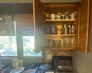 Coffee Mugs; Glasses; Glass 13x9 Pyrex Bakeware; Pyrex Bowls; Pyrex Storage Plus Containers; Jackson Vitrified China Stoneware Bowls; Buffalo China 0-9 Stoneware Bowl