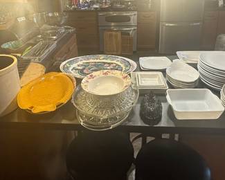 Cookbooks; Ransbottom 2 Gallon Crock; Platters; Turkey Platters; White Dinnerware; Pampered Chef Pizza Stone and Rack; Oneida Oven Brite Bakeware