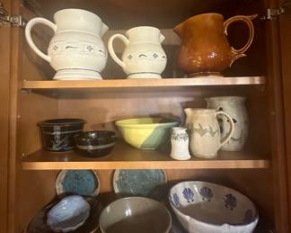 Longaberger Pottery Pitchers; Pottery- Pitchers, Bowls, S&P; Pottery Chip & Dip Set; Dip Chiller; McCoy Brown Pitchers