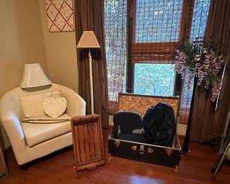 Side Chair; Floor Lamp; Lamp Shade; Trunk; Duffle Bags; Tall Flor Vase and Flowers