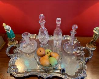 Large silverplate tray -one of several; decanters; porcelain/pottery fruit