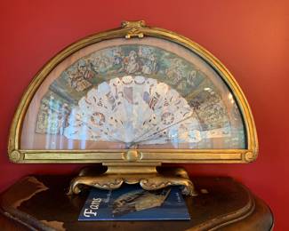 Stunning mother of pearl handle antique fan in amazing frame with stand -really an exceptional piece!