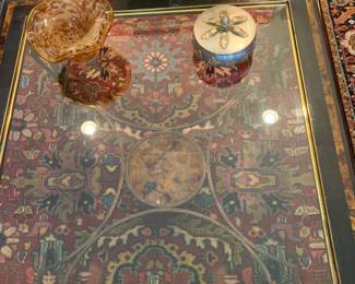 Coffee table with beveled glass, iron legs