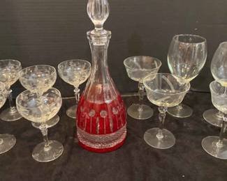 Ruby Red And Clear Glass Crystal Decanter, And Some Wine Glasses