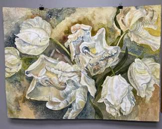 White Blue Green Tulips Signed Original Watercolor By Edward Holmberg