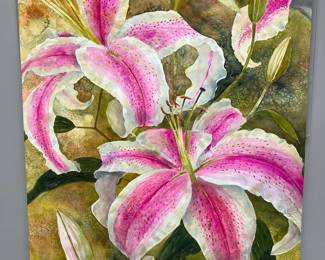 Pink Asian Lillies Signed Original Watercolor By Edward Holmberg