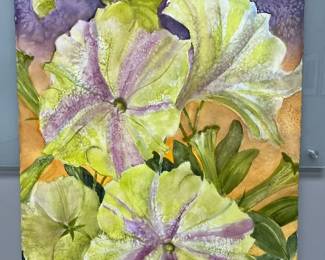 Lime Purple Petunias Signed Original Watercolor By Edward Holmberg