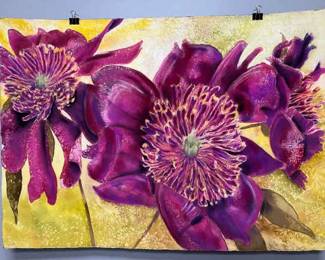 Raspberry W Yellow Green Peonies Signed Original Watercolor By Edward Holmberg