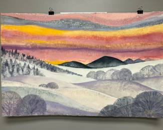 Sunset Snowy Hills Signed Original Watercolor By Edward Holmberg