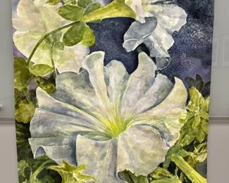 White Petunias W Blue Signed Original Watercolor By Edward Holmberg