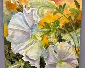 White W Orange  Green Peonies Signed Original Watercolor By Edward Holmberg