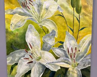 White Green Tiger Lillies Signed Original Watercolor By Edward Holmberg