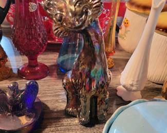 Fenton Carnival Winking Alley Cat Iridescent Glass 11”