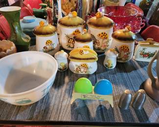 Vintage Sears Roebuck Merry Mushroom Canisters, salt and pepper and napkin holder.