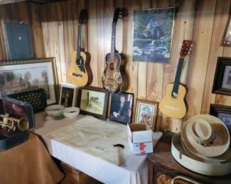 Middle guitar is Vintage Harmony Stencil Singing Cowboys Parlor Acoustic Guitar