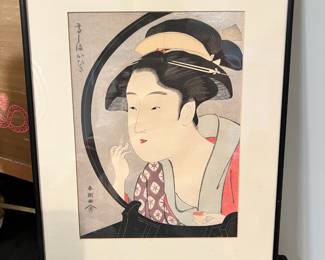 Framed & Matted Woodblock Print "Beauty in Mirror" by Shun Cho - Era 1781 - 1800