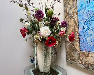 Pair of Blue Cloisonné Crane Figurines, Artificial Floral Bouquet 