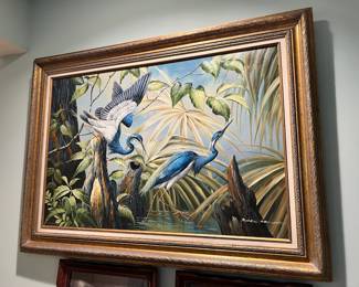 Framed Oil Painting of Louisiana Heron Signed by Artist
