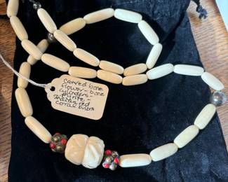 Carved Bone and Coral Necklace
