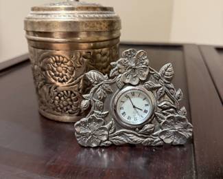 Silver Tone Lidded Jar with Floral Design, Lenox Kirk Stieff Pewter Desktop Clock